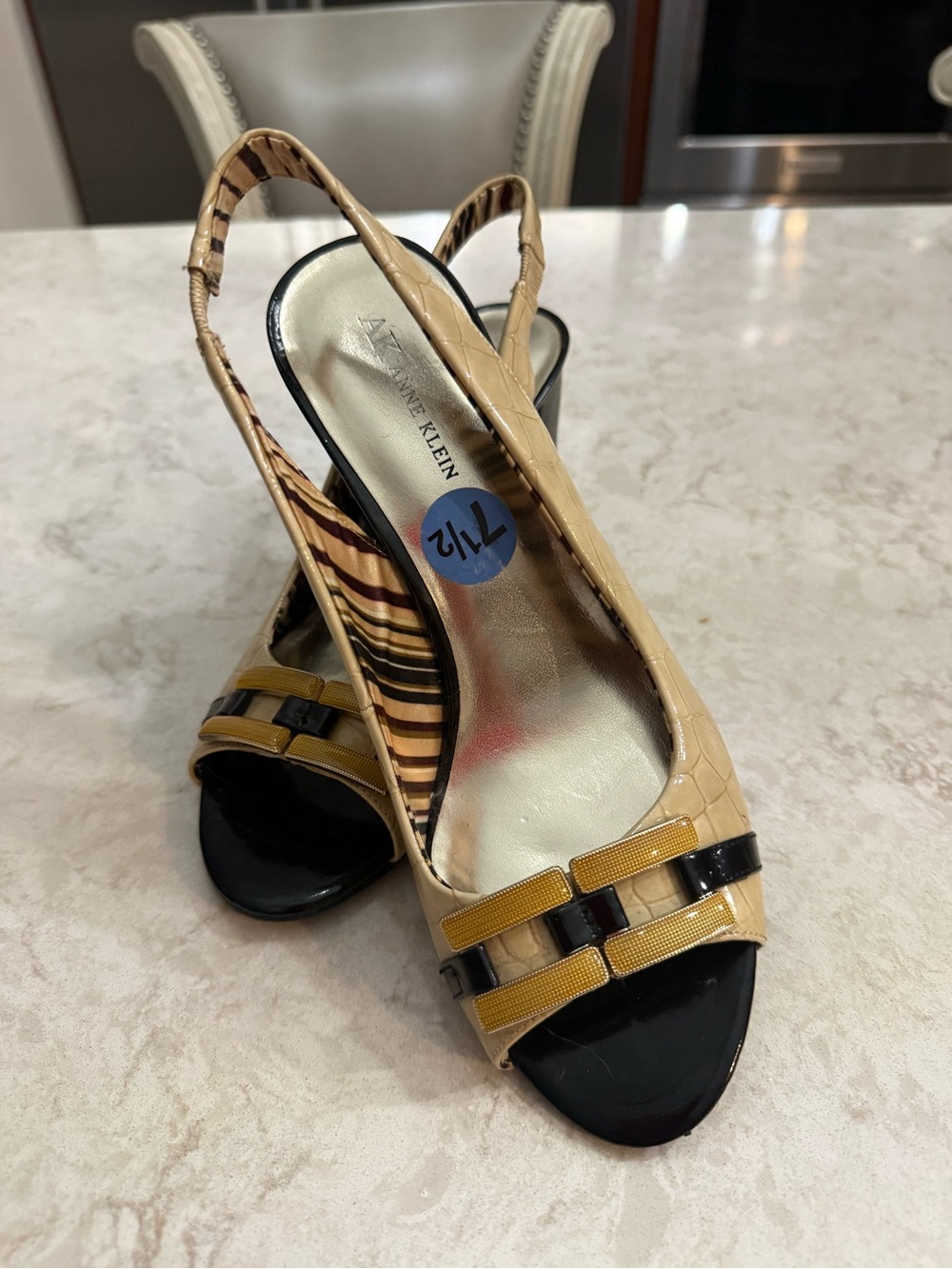 Anne Klein Beige, Black, Gold Slingback Peep-Toe Heels